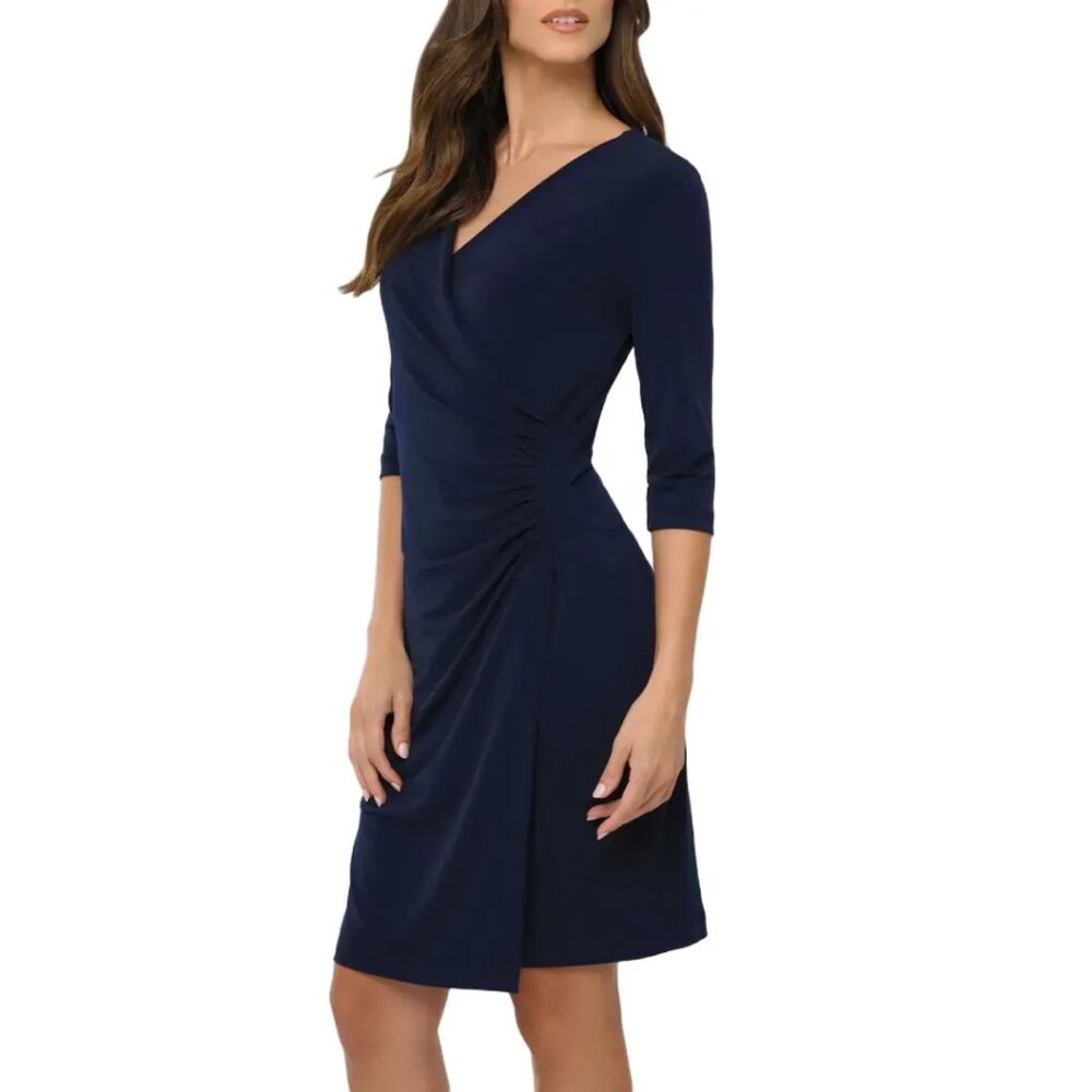 RALPH LAUREN Side Ruched Faux Wrap Stretchy Sheath Dress in Navy Blue  SZ 12